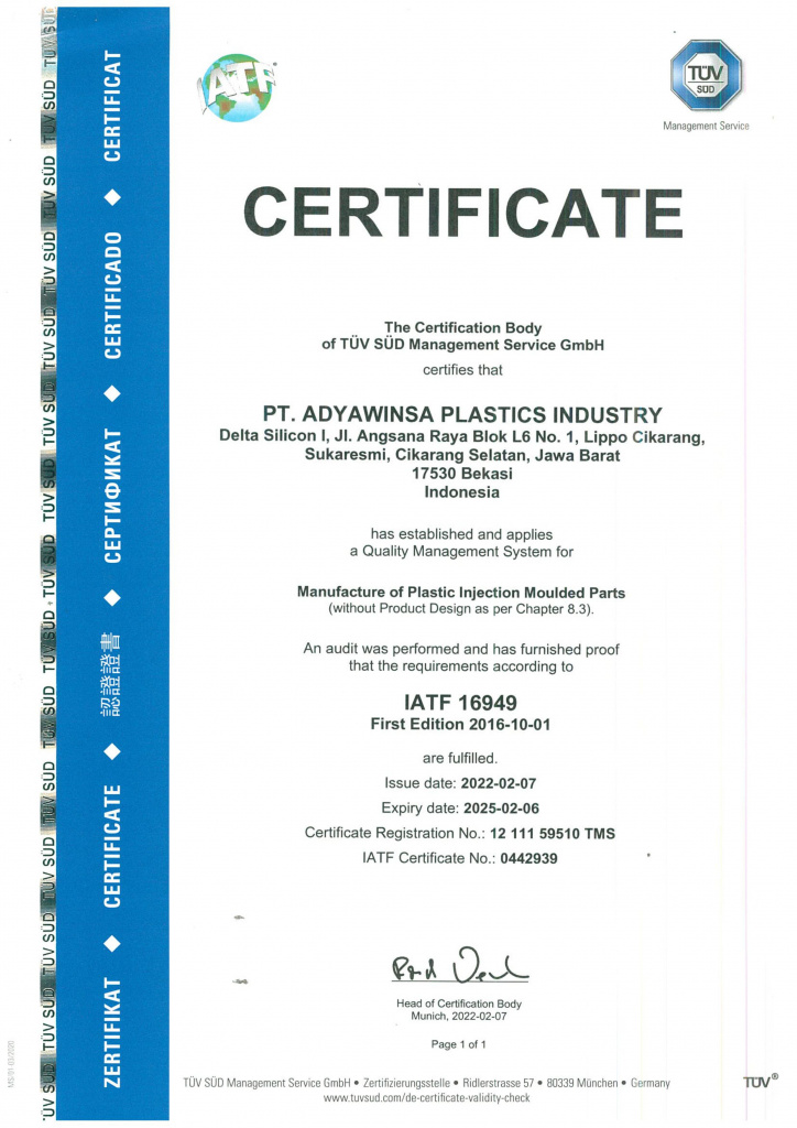 Certification PT ADYAWINSA PLASTICS INDUSTRY